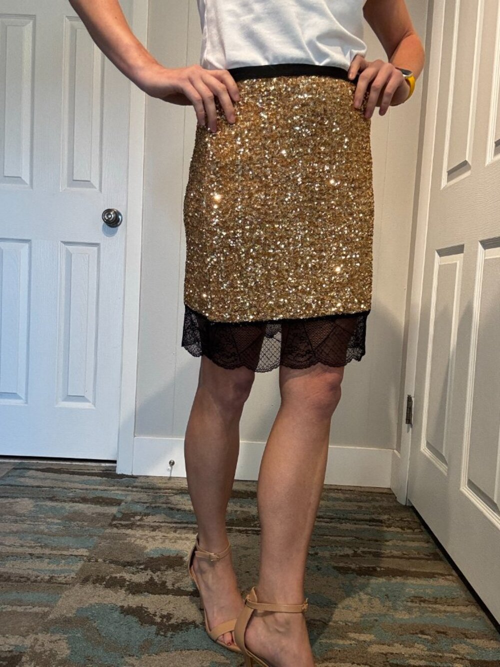Gold Sequin Skirt with Black Lace Trim | Holiday NYE Party